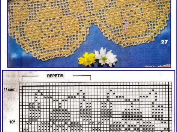 Border with daidy flowers free crochet filet design