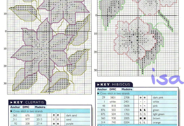 Clematis and Ibiscus flower cross stitch pattern
