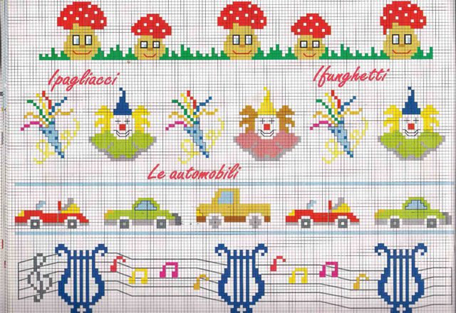 Cross stitch borders with clowns and red mushrooms