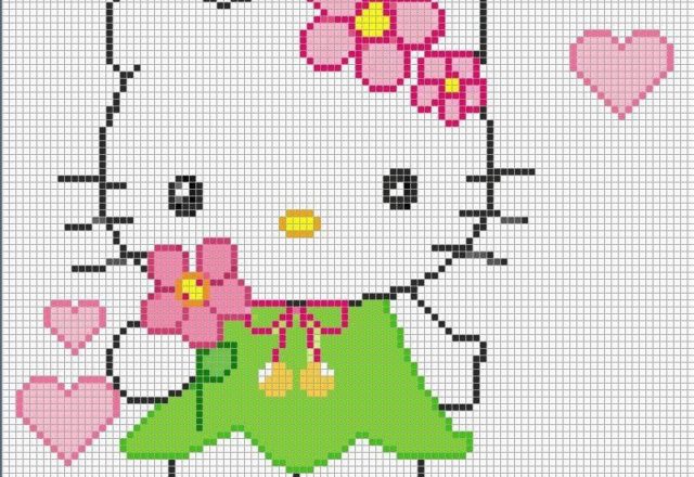 Cross stitch pattern Hello Kitty with a green dress