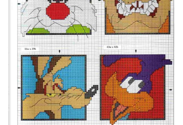 Cross stitch squares with Sylvester the cat Taz Wile Coyote and Road Runner