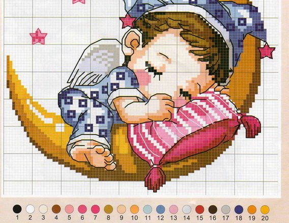 Cute cross stitch pattern baby sleeping on the moon