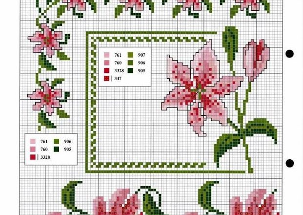 Flowers pink lilies cross stitch pattern