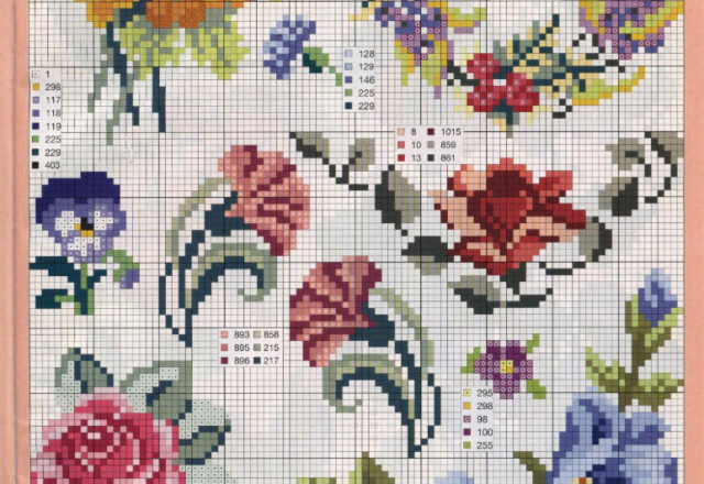 Garland with different types of flowers cross stitch pattern