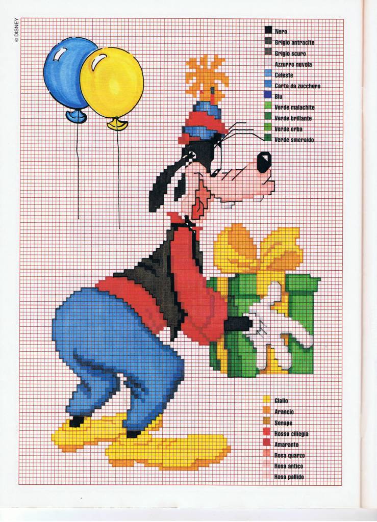 Goofy opens a birthday gift cross stitch pattern