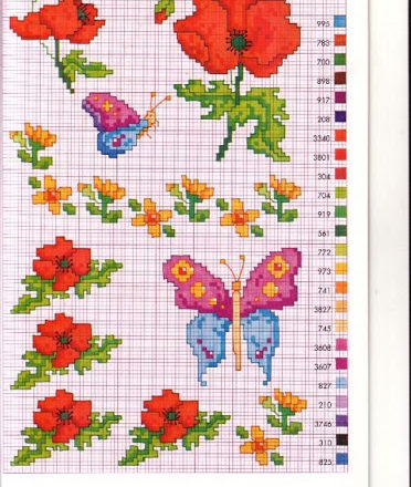 Poppy, flowers and butterfly cross stitch pattern