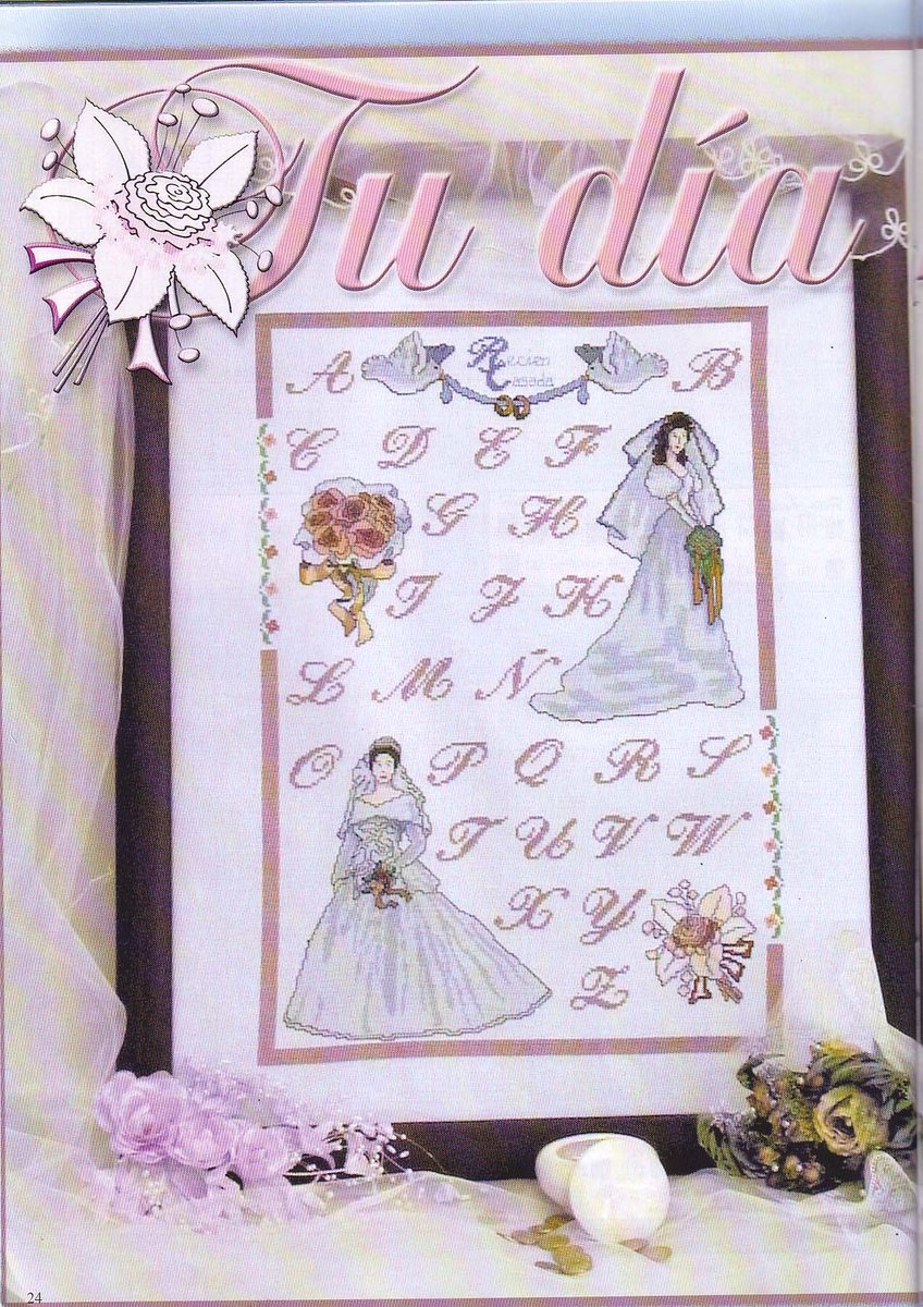 Sampler picture with the bride and pink lettering (1)