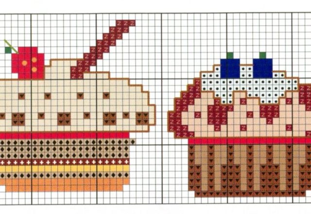 Strawberry and blueberries cupcakes cross stitch pattern