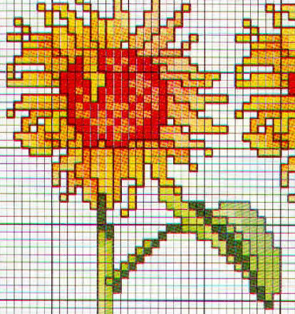 Sunflower with leaves cross stitch pattern