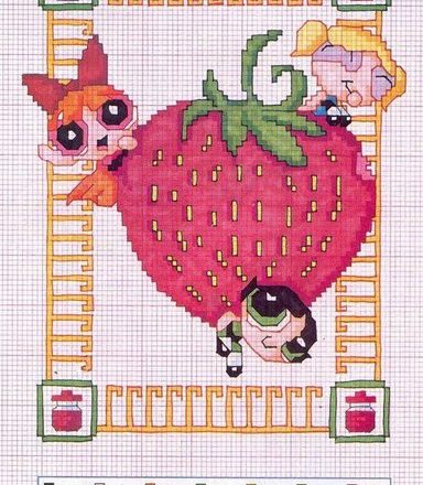 The Powerpuff Girls with a big strawberry