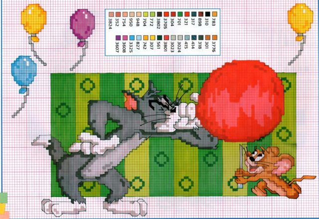 Tom and Jerry with balloons cross stitch pattern