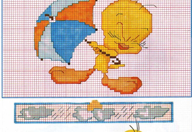 Tweety with umbrella cross stitch pattern