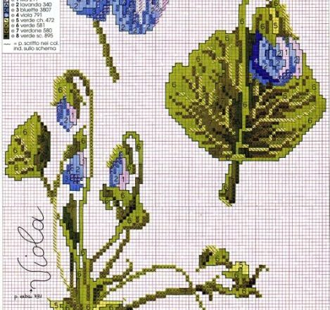 Violas buds and flowers cross stitch pattern