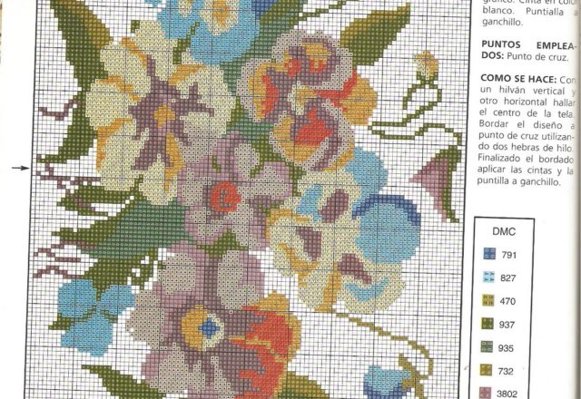 Violet, yellow and blue flowers cross stitch pattern