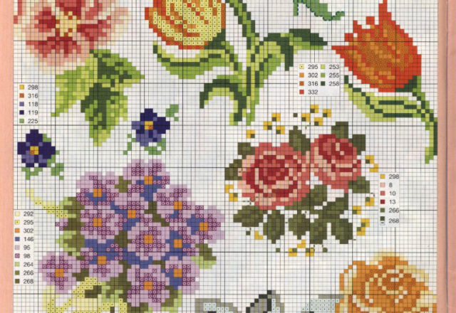 Violets, yellow rose cross stitch pattern