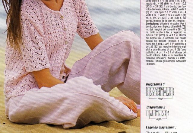 Woman in pink jacket mesh point ajour knitting pattern