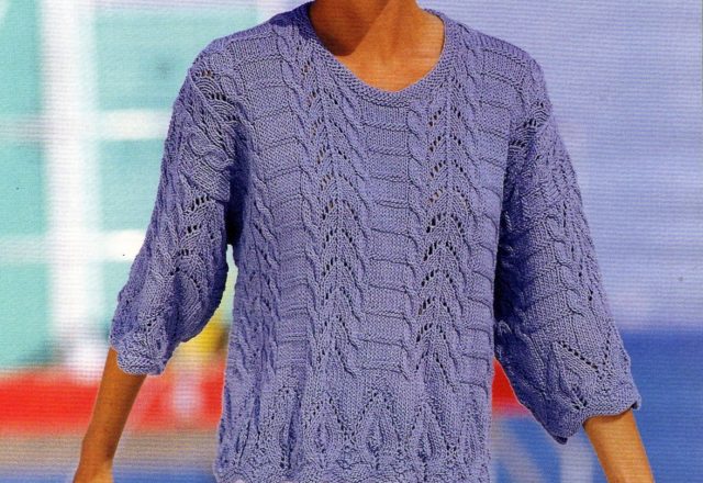 Woman sweater blue leaf knitting pattern (1)