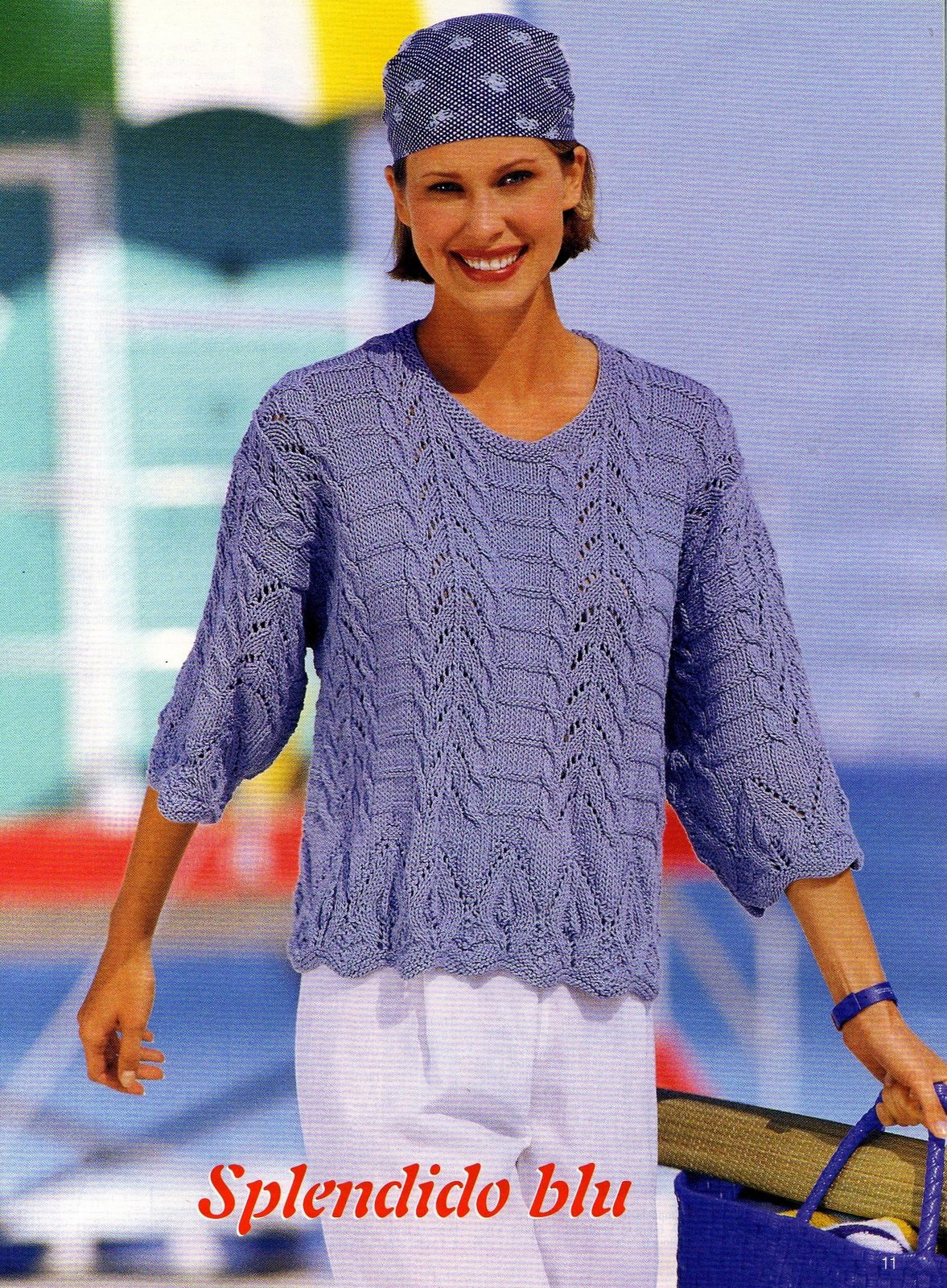 Woman sweater blue leaf knitting pattern (1)