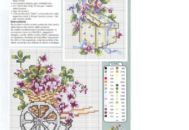 Wooden wagon flowers violets cross stitch pattern