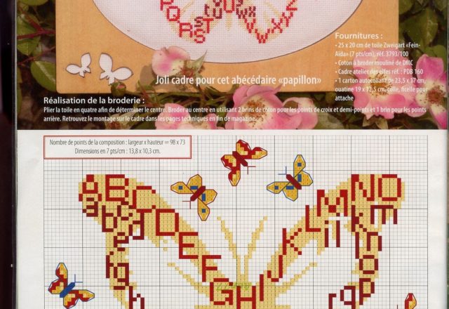 Yellow butterfly with alphabet cross stitch pattern